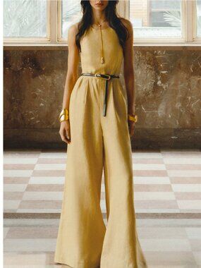 Reiss Mustard Yellow Halter Wide-Leg Jumpsuit